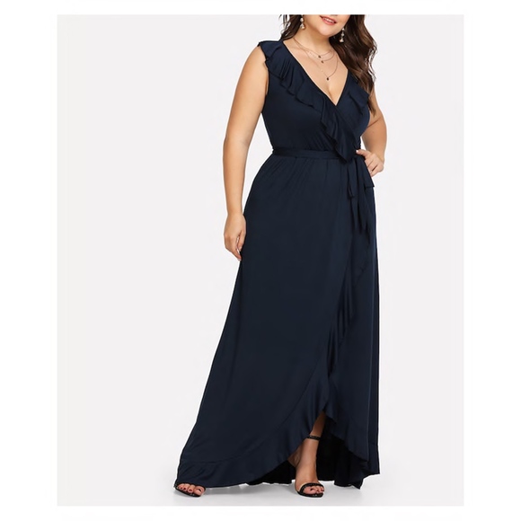MBM Unlimited Dresses Dark Blue Deep V Sleeveless Ruffle Maxi Dress